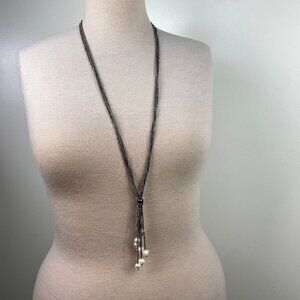 Julea Hematite Seed Bead & Real Pearl Tassel Dangle Necklace 37" Multi-Strand